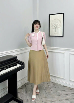 Áo Sơ Mi Cổ tròn Viền Trắng Cài Hoa - A146